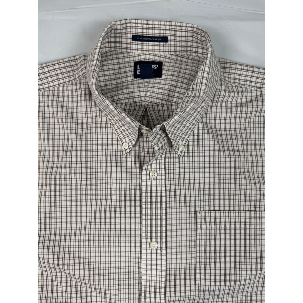 Lands End Shirt Mens 17.5-35 Brown Check No Iron Supima Traditional Preppy